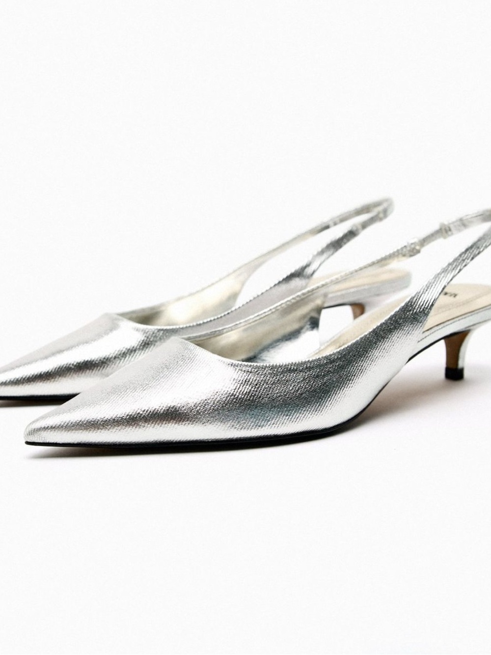 Zara Metallic Silver Pointed Slingback Kitten Heels